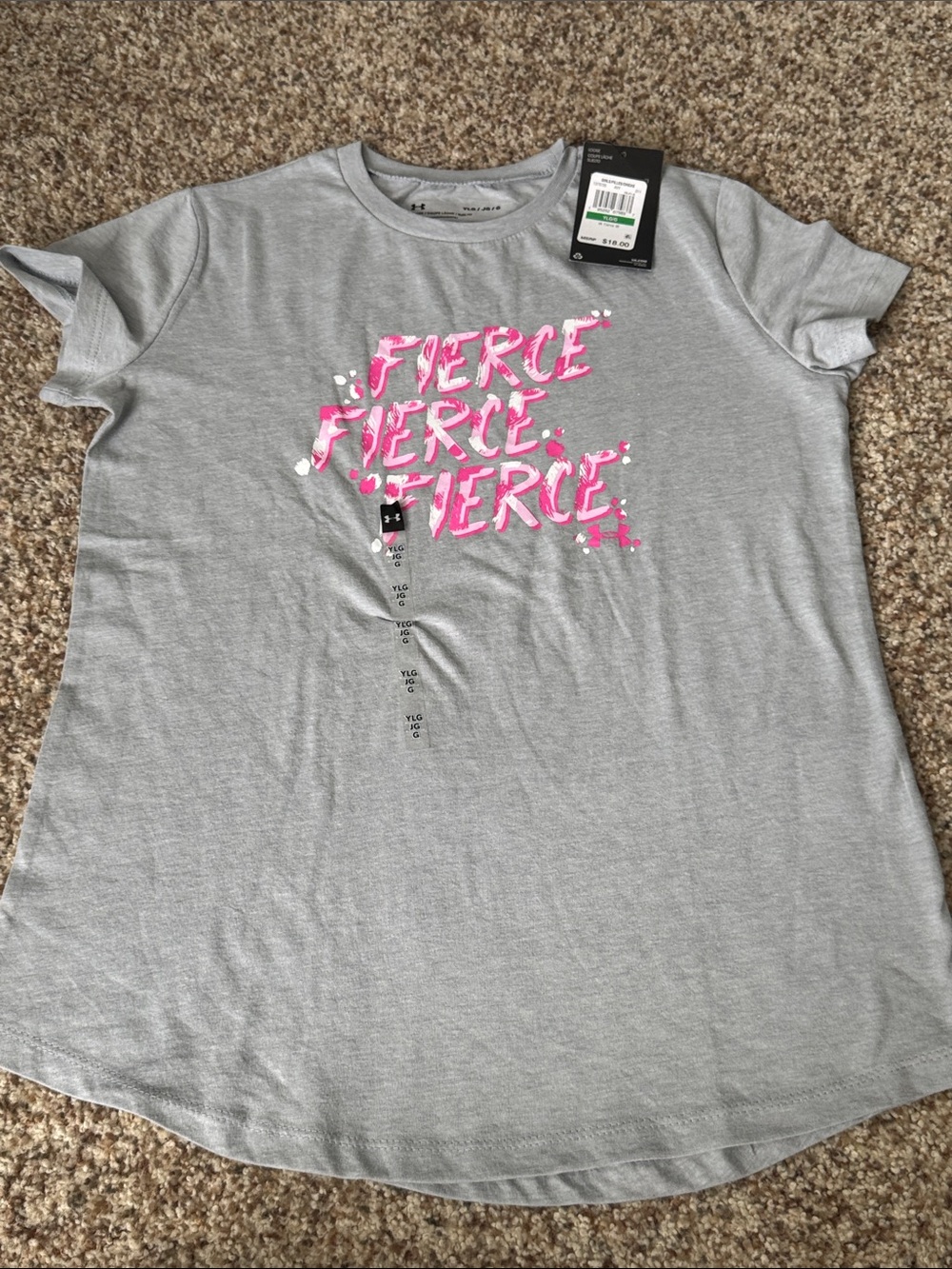 Under Armour girls Light Gray Short-Sleeve Tee with Pink "Fierce" Graphic